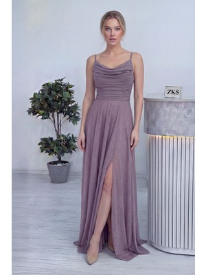 Thezkscom-Kadın Askılı Ön Drapeli Yırtmaçlı Simli Abiye Elbise Mürdüm, Lila, Beyaz,siyah