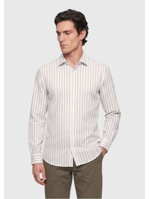 Ramsey Gri Çizgili Regular Fit Dokuma Casual Ipek Karışımlı Gömlek
