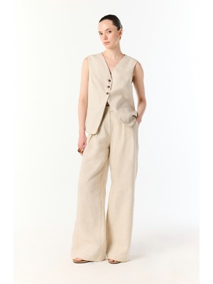 Pile Detaylı Keten Karışımlı Pantolon