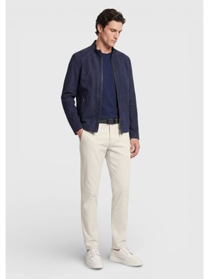 Ramsey Lacivert Regular Fit Dik Yaka Casual Süet Deri Mont