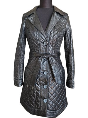 Asus Deri - Hakiki Deri Siyah Kapitone Desenli Uzun Kadın Ceket