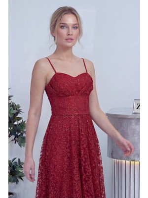 Thezkscom-Kadın Askılı Transparan Simli Dantelli Abiye Elbise Kırmızı,siyah,beyaz