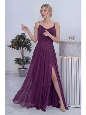 Thezkscom-Kadın Askılı Ön Drapeli Yırtmaçlı Simli Abiye Elbise Mürdüm, Lila, Beyaz,siyah