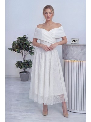 Thezkscom-Kadın Düşük Omuz Pullu Midi Boy Abiye Elbise Saks, Beyaz,siyah, Kırmızı