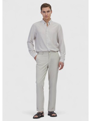 Ramsey Bej Çizgili Casual Fit Dokuma Casual Gömlek