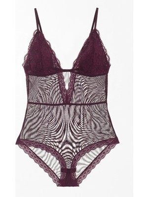 Segnante Mürdüm Çıtçıtlı Dantel Transparan Sırt Ipli Bodysuit