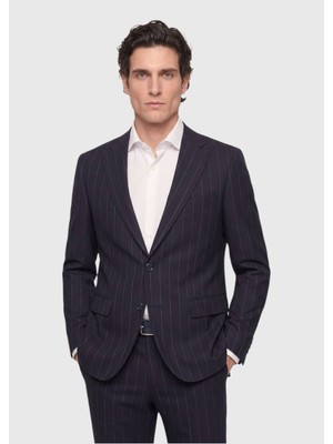 Ramsey Siyah Çizgili Zeroweight Slim Fit %100 Yün Takım Elbise