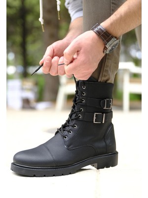 Oksit Falcn Benny Çift Tokalı Kemerli Bot Siyah Platform Topuklu Kadın Ayakkabı