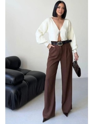 Thiff Kadın Yüksek Bel Kemer Detaylı Pileli Pamuk Keten Palazzo Pantolon