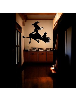 Renklime Lazer Kesim Metal Duvar Dekoru, Süpürgeli Uçan Cadı 40 cm