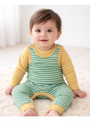 Organickid Terra Bebek Yeşil Çizgili T-Shirt Tulum 2'li Set