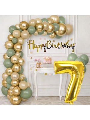 Tedaks Pompa Hediyeli Doğum Günü Seti Gold Banner Krom Gold Küf Yeşili Kum Beji Balonlar Gold Folyo Rakam