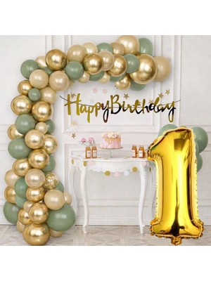 Tedaks Pompa Hediyeli Doğum Günü Seti Gold Banner Krom Gold Küf Yeşili Kum Beji Balonlar Gold Folyo Rakam