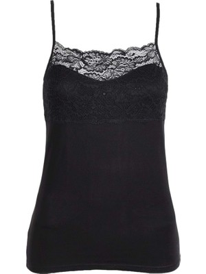 Belinay Kadın Göğüs Üstü Dantel Detaylı Ip Askılı Pamuklu Siyah Atlet