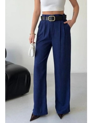 Thiff Kadın Yüksek Bel Kemer Detaylı Pileli Pamuk Keten Palazzo Pantolon