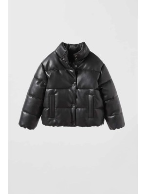 Magu Unisex Çocuk Deri Görünümlü Siyah Şişme Mont - Dolgulu ve Cepli Tasarım
