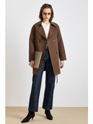 Olcay Pelerin Detaylı Su Itici Özellikli Astarsız Trençkot Kahve 6833