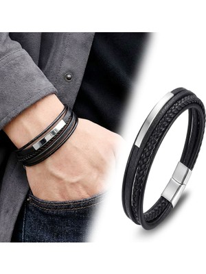 Fm 💎 Premium İsim Yazılabilir Çoklu Deri Çelik Bileklik 31834B28D1 - Gümüş - 20 cm