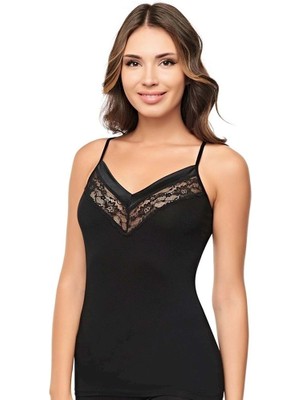 Belinay Kadın Ince Askılı Dantel Detaylı Yumuşak Dokulu Siyah Atlet