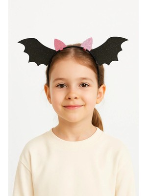 Magu Kız Çocuk Pamuklu Parlak Yarasa Kanatlı Halloween Tacı – Simli Pembe Kulak Detaylı Saç Aksesuarı