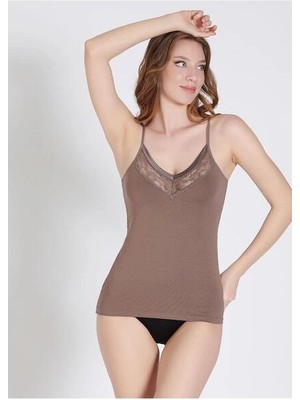 Belinay Kadın Ince Askılı Dantel Detaylı Yumuşak Dokulu Vizon Atlet