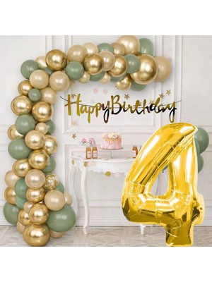 Tedaks Pompa Hediyeli Doğum Günü Seti Gold Banner Krom Gold Küf Yeşili Kum Beji Balonlar Gold Folyo Rakam