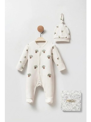 Magu Unisex Bebek Pamuklu Ekru Mantar Desenli Tulum ve Şapka Seti - Önden Çıtçıtlı