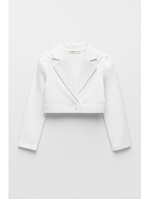 Magu Kız Çocuk Pamuklu Beyaz Taş Detaylı Crop Ceket - Şık ve Modern