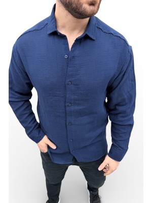 Zueofficial Erkek Lacivert Müslin Kumaş Klasik Yaka Gömlek – Uzun Kollu / Rahat Kesim