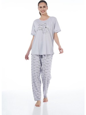 Estiva 22151 Kadın Kuğulu Viskon Kısa Kollu Büyük Beden Pijama Takımı