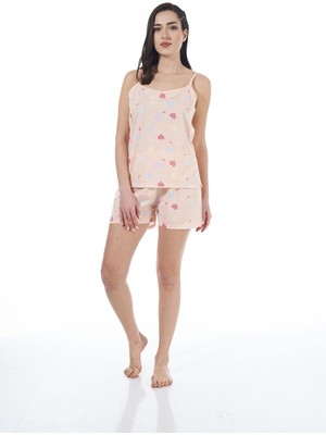 Estiva 22023 Kadın Kalp Desenli Viskon Askılı Şortlu Pijama Takımı