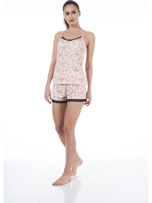 Estiva 22034 Kadın Çiçekli Dantel Detaylı Viskon Askılı Şortlu Pijama Takımı