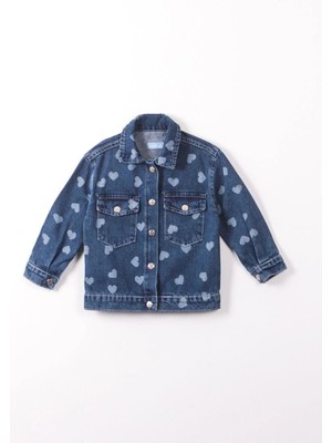 Magu Kız Çocuk Kalp Desenli Kot Ceket - Şık ve Sevimli Denim Mont
