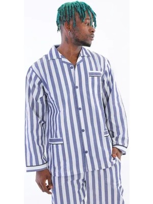 Kocabey Uzun Kol Çizgili Gaffur Erkek Pijama Takım Mavi Pamuk XL Beden