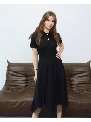 Qimya Butik Şans Life Kadın Etek Bölümü Extra Tüllü Pola Yaka Kısa Kol Ara Boy Elbise