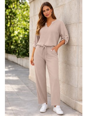Meghan L.A Kadın Bej V Yaka Düğmeli Kol Detaylı Cepli Pantolonlu Ikili Takım