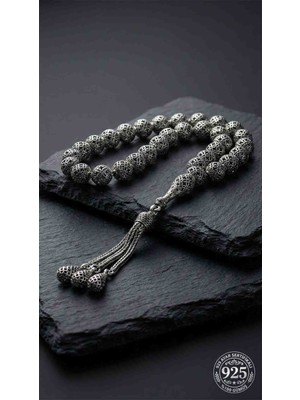Roza Silver 925 Ayar Küre Kesim 3 Kamçılı Püskül Bilek Boy Yonca Işlemeli Otantik Gümüş Tesbih