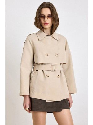 Olcay Pelerin Detaylı Su Itici Özellikli Astarsız Kısa Trençkot Taş 6835