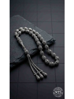 Roza Silver 925 Ayar Oval Kesim 3 Kamçılı Püskül Orta Boy Spiral Desenli Otantik Gümüş Tesbih