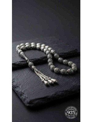 Roza Silver 925 Ayar Oval Kesim 3 Kamçılı Püskül Orta Boy Lale Desenli Otantik Gümüş Tesbih