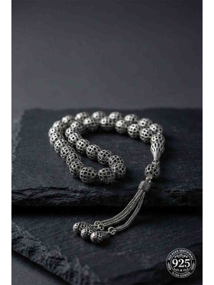 Roza Silver 925 Ayar Küre Kesim 3 Kamçılı Püskül Bilek Boy Yuvarlak Kazaz Topu Işlemeli Otantik Gümüş Tesbih