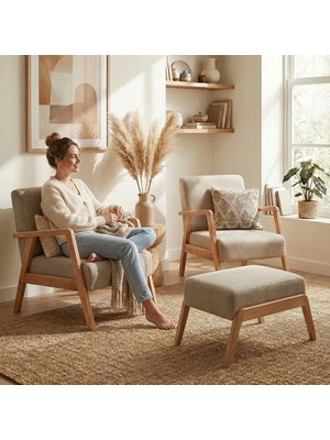 Zem Pavia Çay Seti Natürel Ahşap, Sütlü Kahve (2ADET TEKLİ BERJER 1ADET PUF)