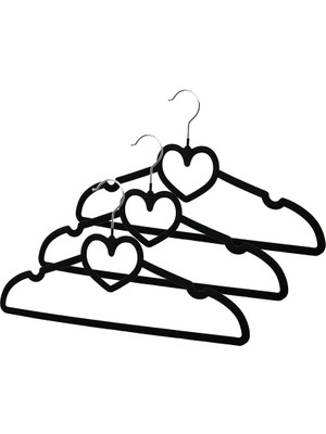 Sepetopia -3pcs Siyah Kadife Kaplı - Kalpli Plastik Askı Metal Uçlu (5534)