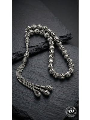 Roza Silver 925 Ayar Küre Kesim 3 Kamçılı Püskül Bilek Boy Modern Işlemeli Otantik Gümüş Tesbih