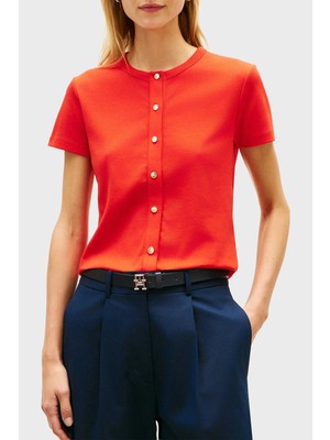 Tommy Hilfiger Logolu % 100 Pamuk Slim Fit Düğme Detaylı T Shirt Bayan T Shirt WW0WW48709 Sne