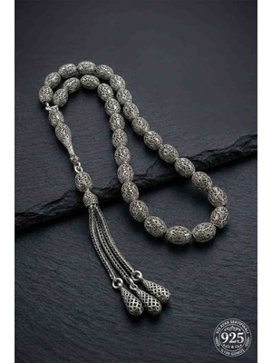 Roza Silver 925 Ayar Oval Kesim 3 Kamçılı Püskül Orta Boy Istiridye Desenli Otantik Gümüş Tesbih