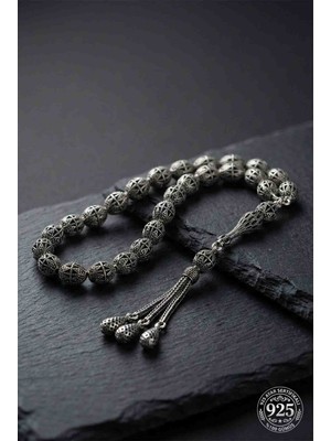 Roza Silver 925 Ayar Oval Kesim 3 Kamçılı Püskül Orta Boy Karo Zırh Desenli Otantik Gümüş Tesbih