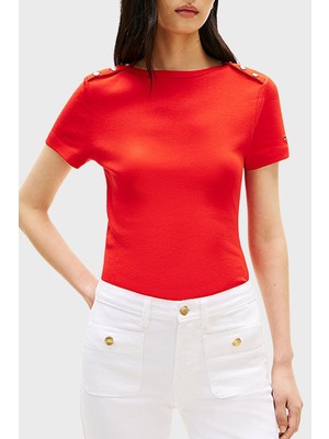 Tommy Hilfiger % 100 Pamuk Slim Fit Kayık Yaka T Shirt Bayan T Shirt WW0WW49250 Sne