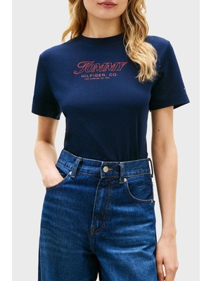 Tommy Hilfiger Pamuklu Regular Fit Bisiklet Yaka Logolu T Shirt Bayan T Shirt WW0WW48707 C1G