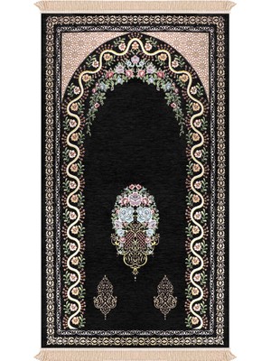 Bursa İpek Siyah Sarmaşık Desen Kabartmalı Özel Dokuma Seccade